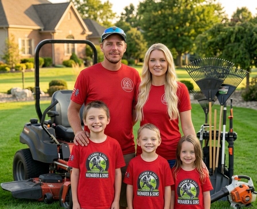 Professional family portrait of the Nienaber & Sons lawn care team standing together on a residential lawn with equipment.