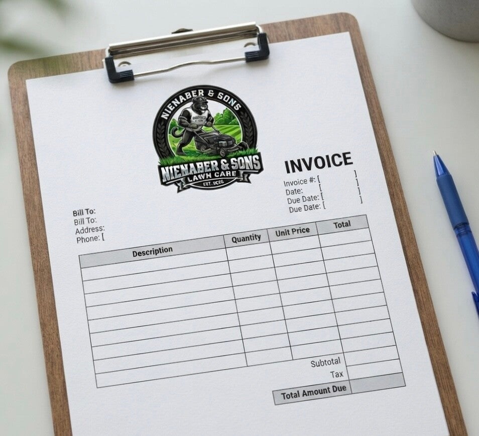 Nienaber & Sons Lawn Care blank invoice template on a wooden clipboard with a blue pen.