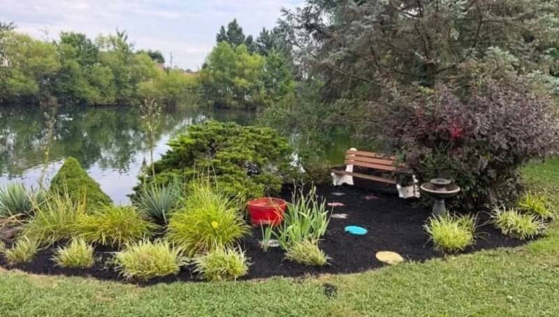 Freshly weeded garden bed with dark mulch and trimmed bushes in Cincinnati.