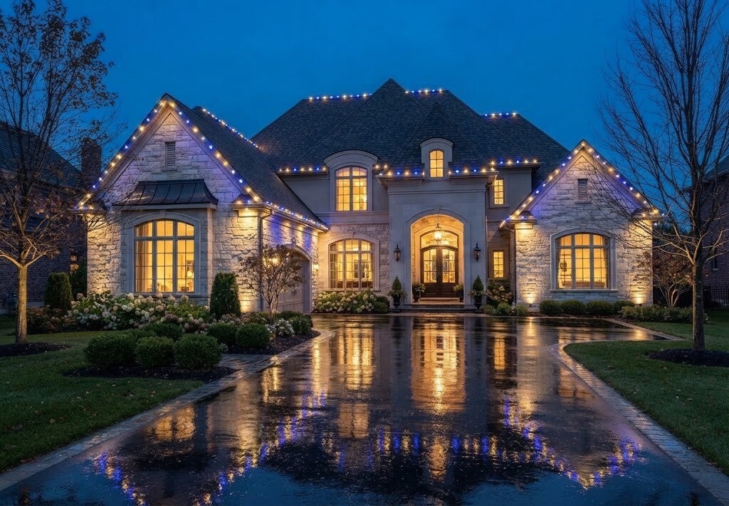 Year-round permanent outdoor lighting illuminating a Mason, Ohio area home at night