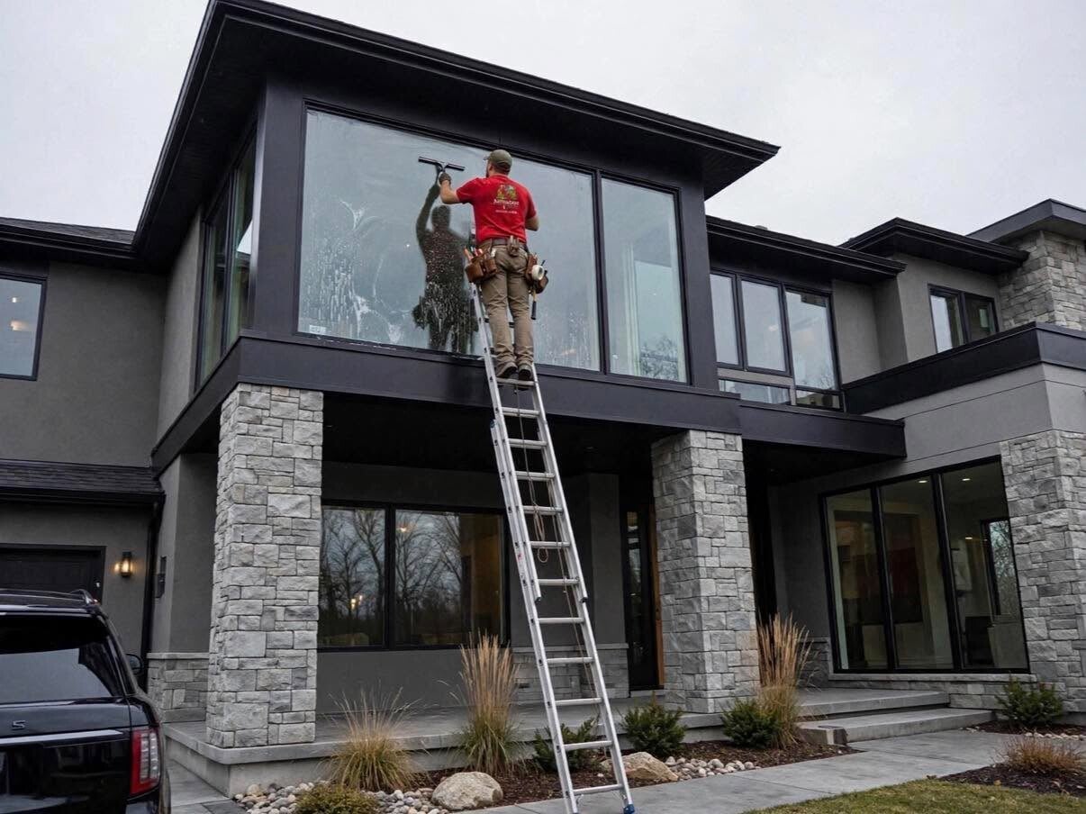 Professional window cleaner washing residential windows in Greater Cincinnati, Ohio
