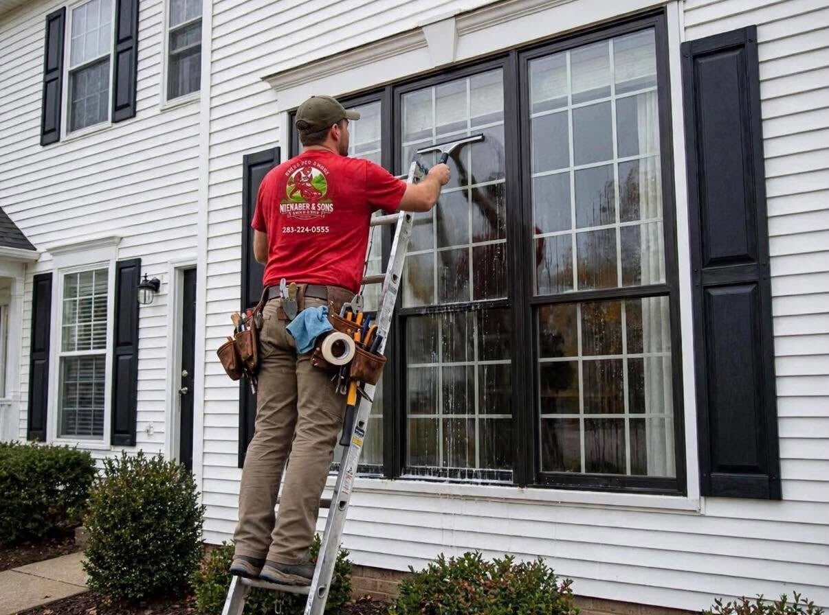 Window cleaning technician cleaning exterior windows at a commercial property
