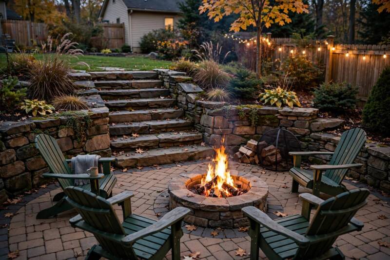 Outdoor steps leading to paver patio with stone firepit and chairs in Cincinnati backyard