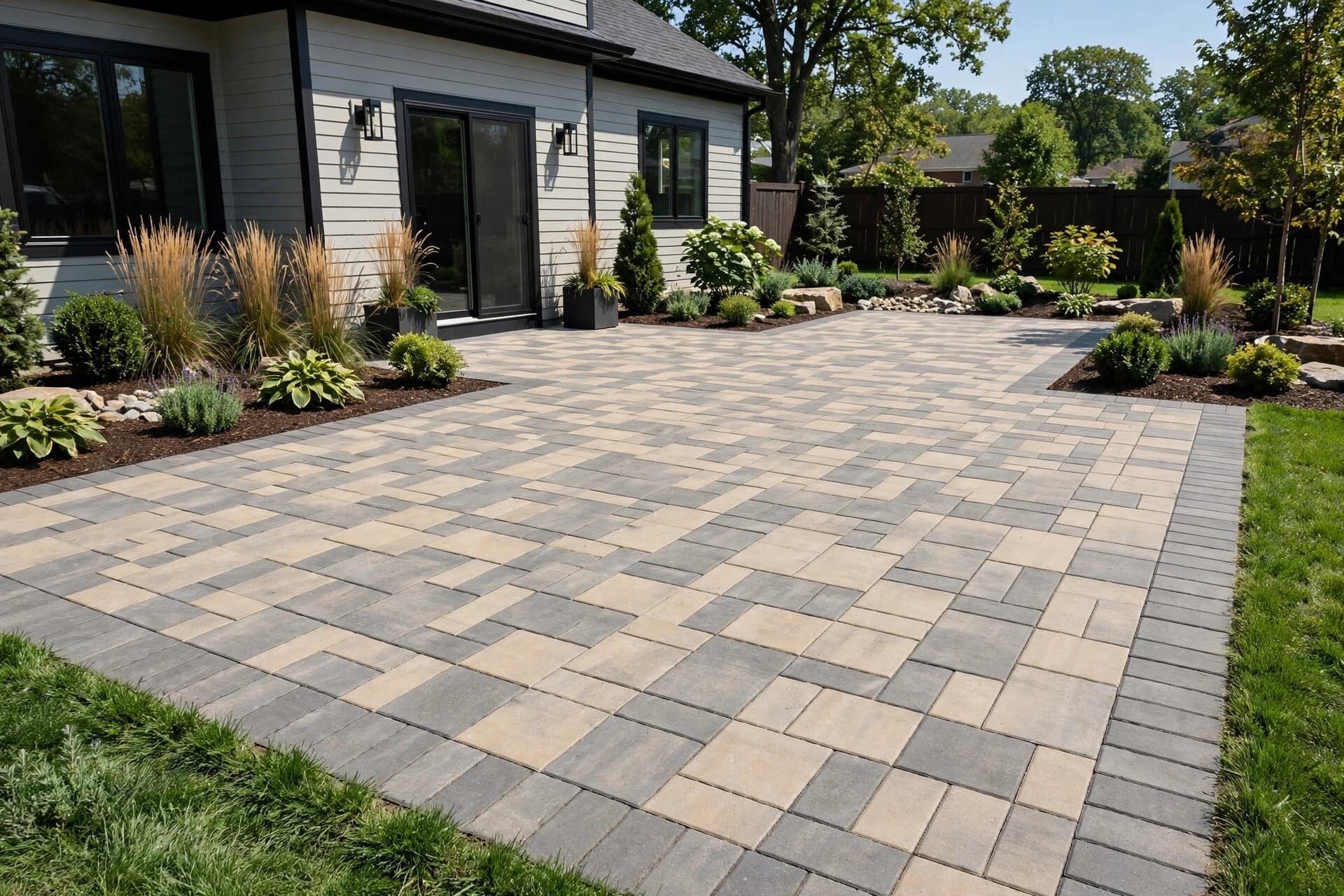 Paver patio installation Cincinnati Ohio - custom herringbone patio with retaining wall