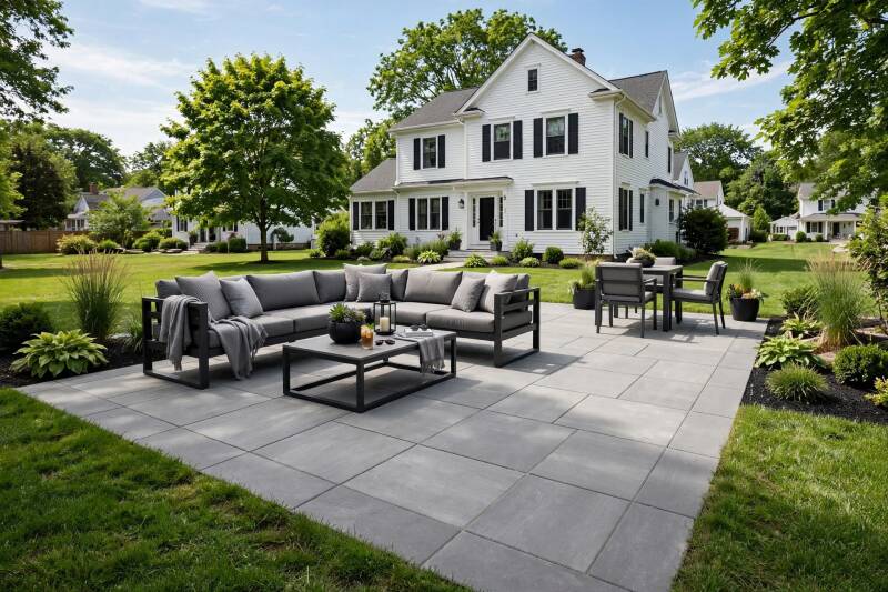 Large gray paver patio installation with outdoor furniture in Cincinnati OH backyard