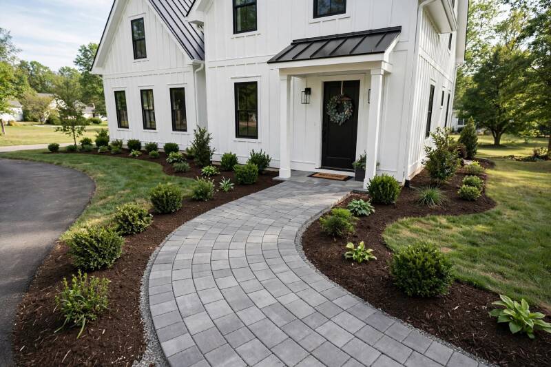 Curved gray paver walkway from driveway to front door in Cincinnati OH