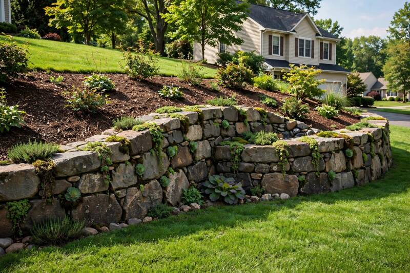 Natural stone retaining wall holding hillside with mulch and plants in Cincinnati OH