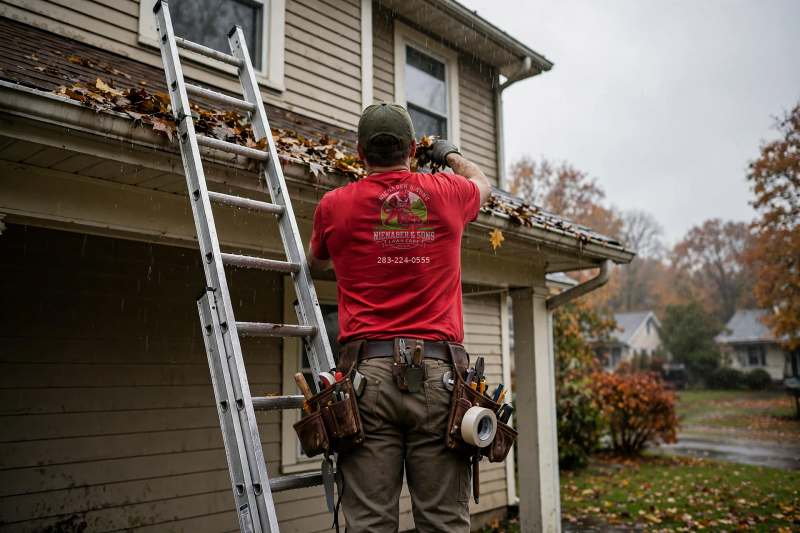 Professional from Nienaber & Sons Lawn Care wearing red company shirt with logo and phone number 283-224-0555 cleaning leaves from a clogged gutter on a two-story house using an extension ladder during light rain