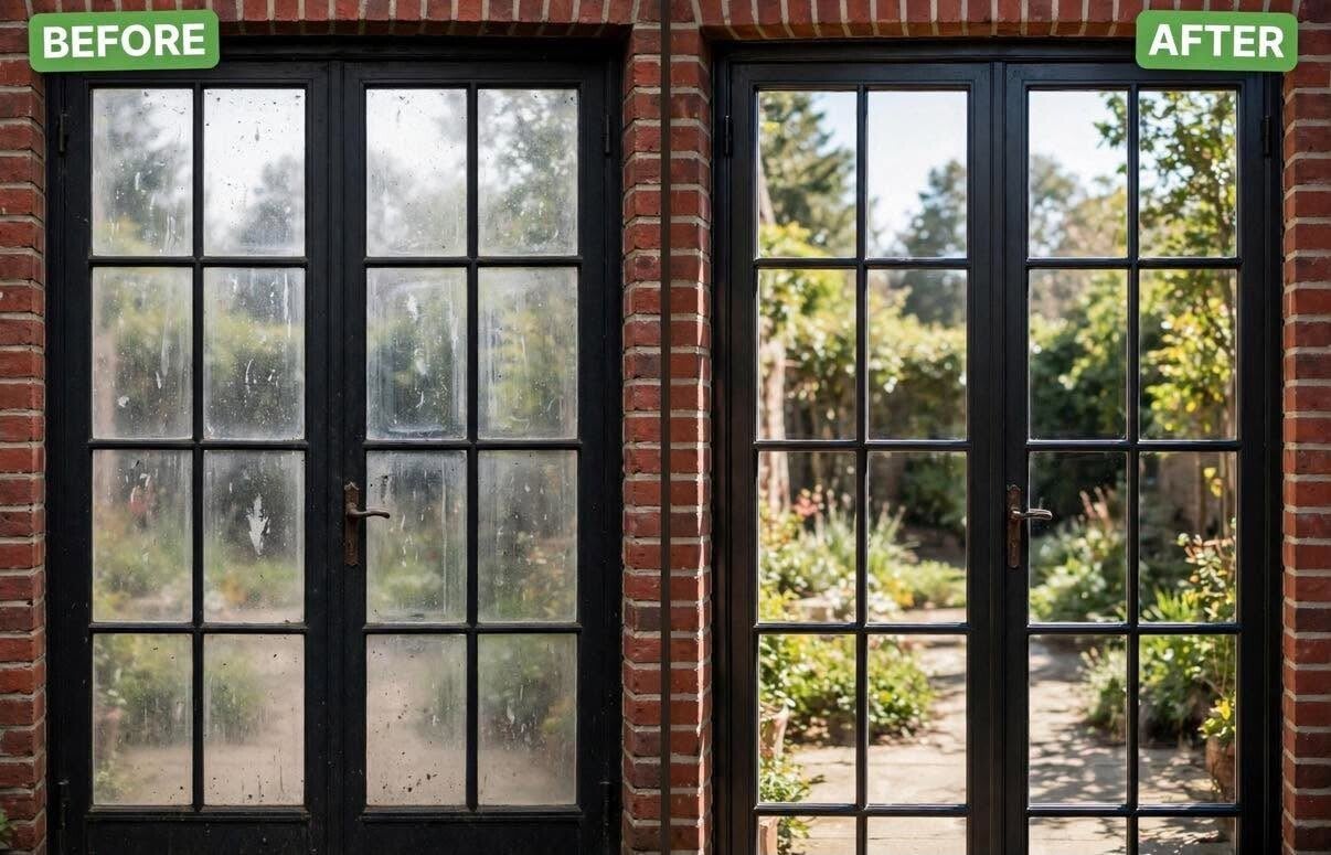 Residential window glass before and after professional cleaning in Cincinnati, OH