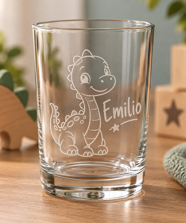 Stabiles Kindertrinkglas Dinosaurier, mit Wunschnamen, perfekt für kleine Kinderhände