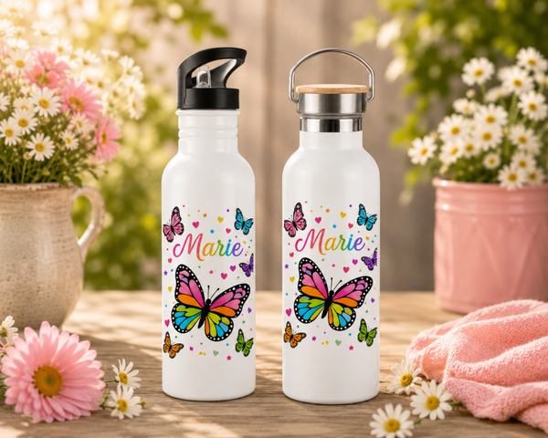 Trinkflasche Schmetterling, personalisiert mit deinem Wunschnamen