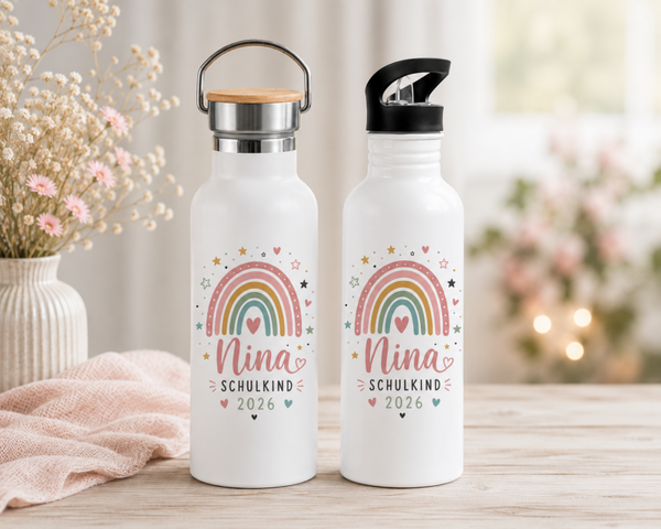 Personalisierte Trinkflasche Kinder Schulanfang 2026 mit Namen | Geschenk Einschulung Mädchen Regenbogen | Edelstahl Flasche KiGaSchule