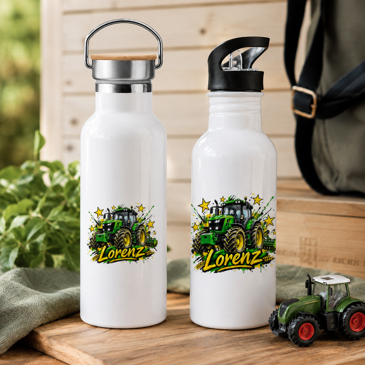 Trinkflasche Traktor, personalisiert mit deinem Wunschnamen