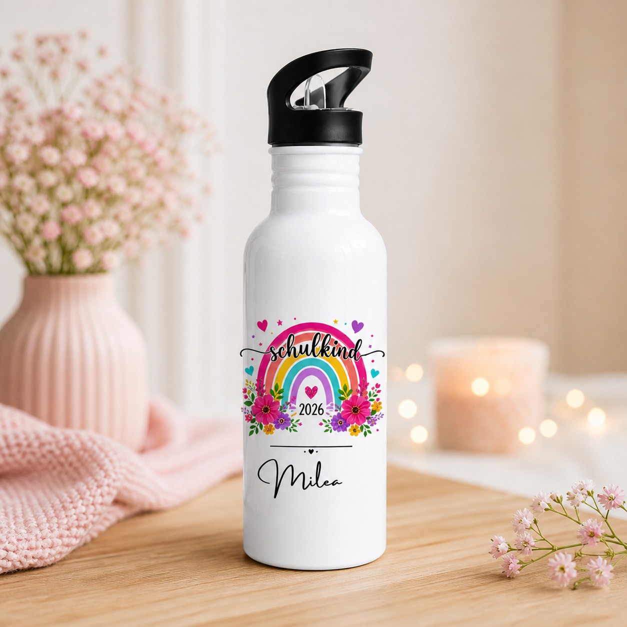 Personalisierte Trinkflasche Schulkind 2026 mit Namen | Geschenk Einschulung Mädchen | Regenbogen Trinkflasche Kinder | Schule Zubehör