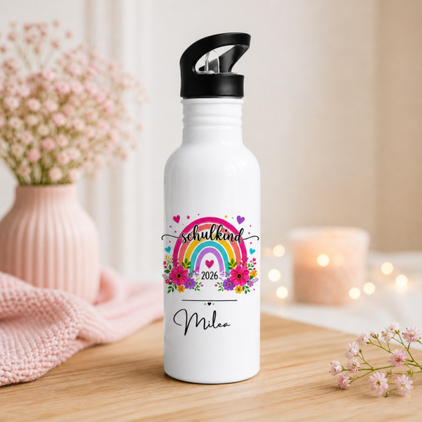 Personalisierte Trinkflasche Schulkind 2026 mit Namen | Geschenk Einschulung Mädchen | Regenbogen Trinkflasche Kinder | Schule Zubehör