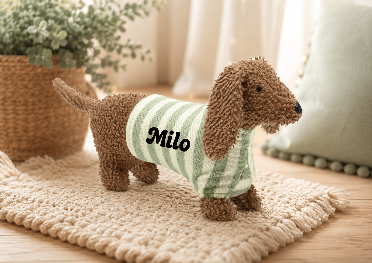 Personalisierter Frottee Dackel mit Namen | Kuscheltier Hund mit gestreiftem Shirt | Geschenk zur Geburt, Taufe & Geburtstag