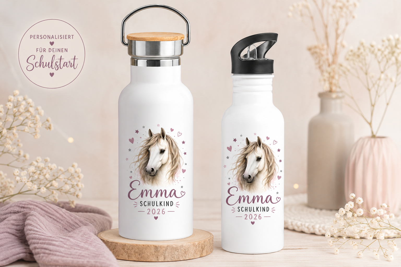 Personalisierte Trinkflasche Mädchen Pferd | Schulkind 2026 | Geschenk Einschulung | Kinder Trinkflasche mit Name | Schule & Kindergarten