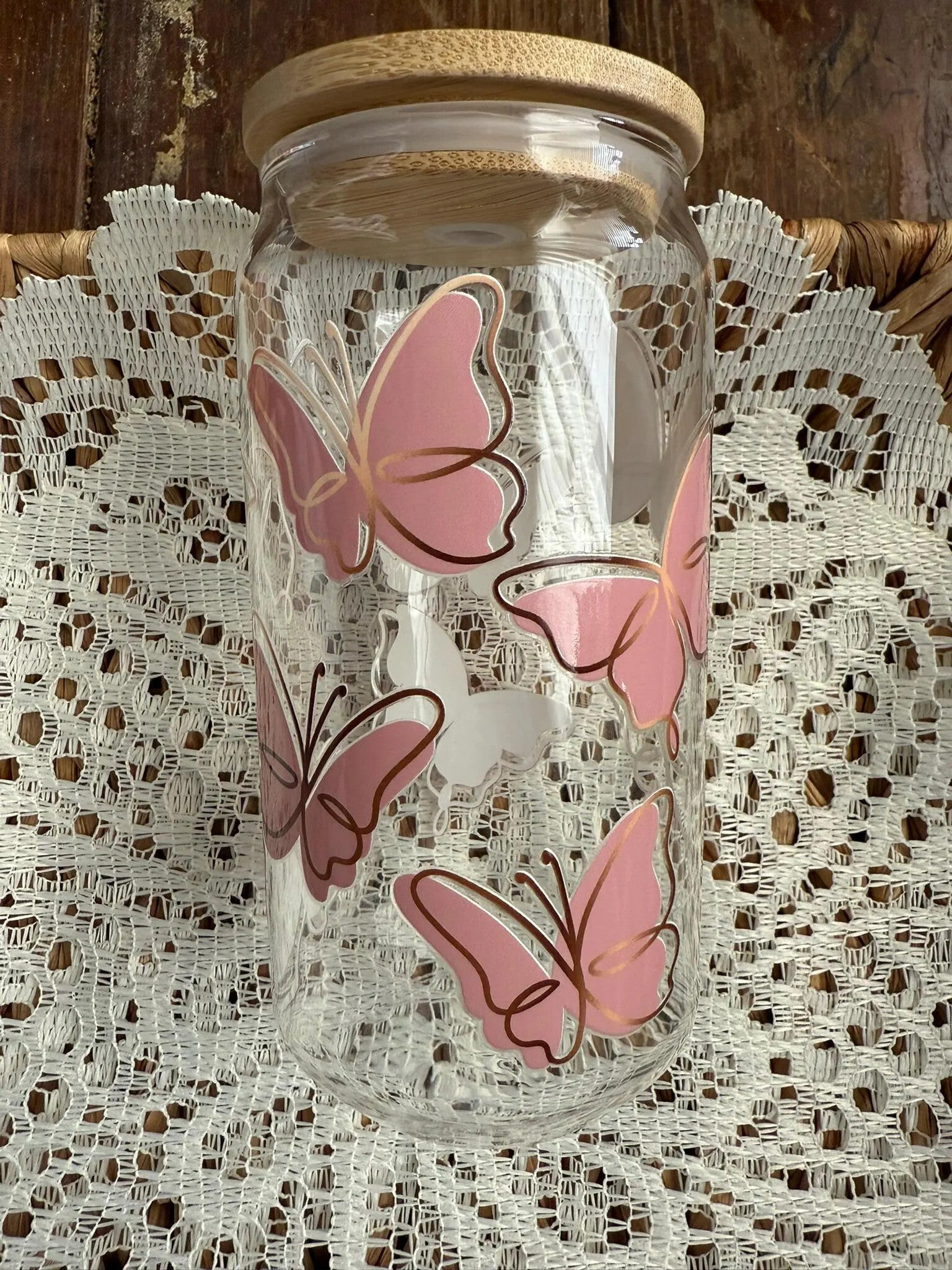 Rose Gold Butterflies Glass Can