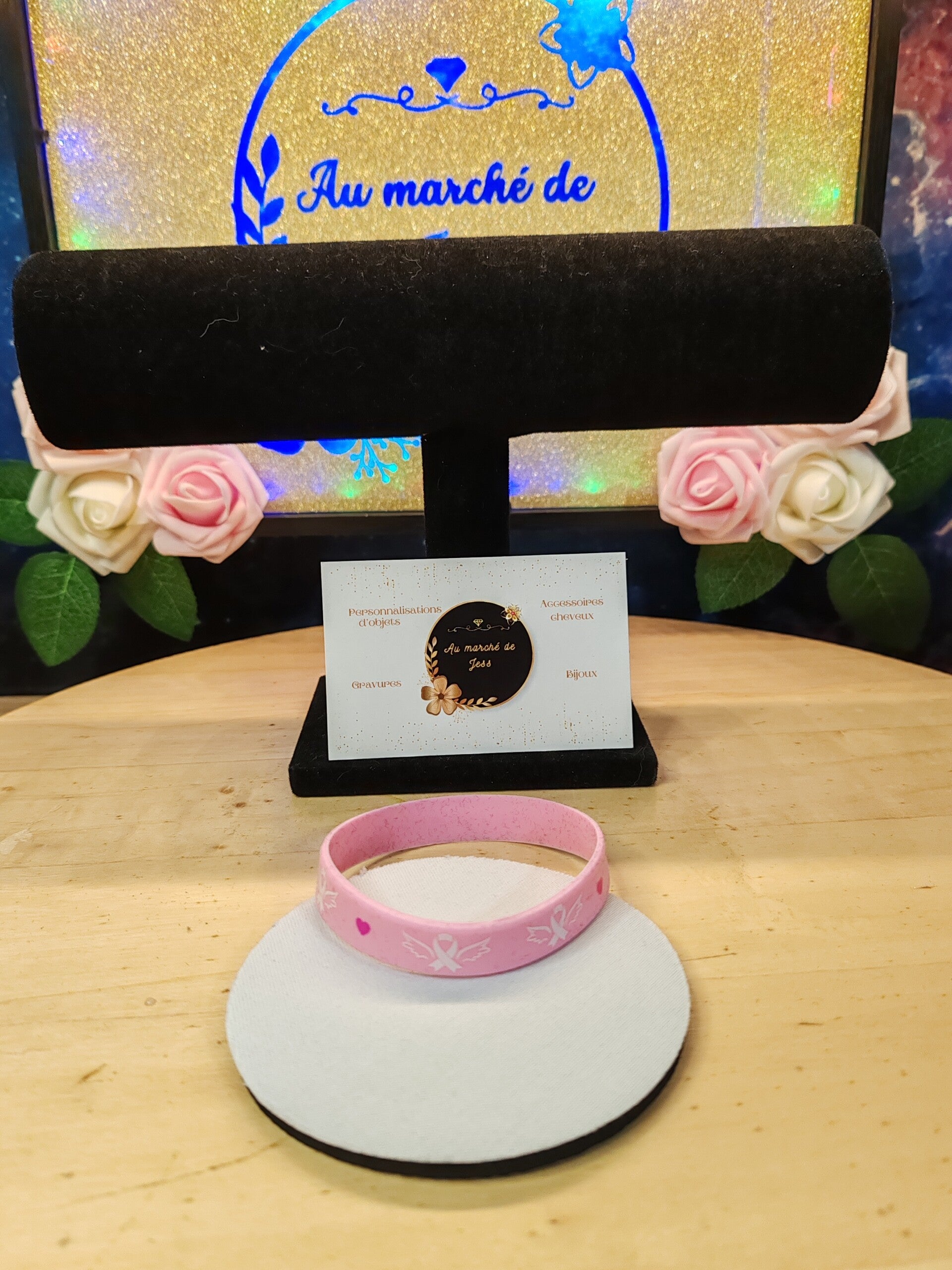 Bracelet octobre rose ruban rose ailles