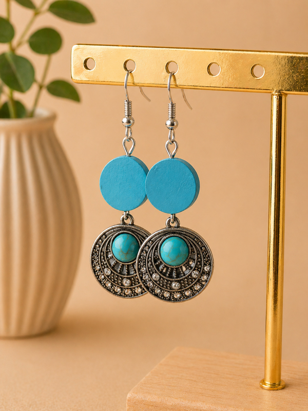Boho Oorbellen Turquoise met Vintage Bedel – 6 cm