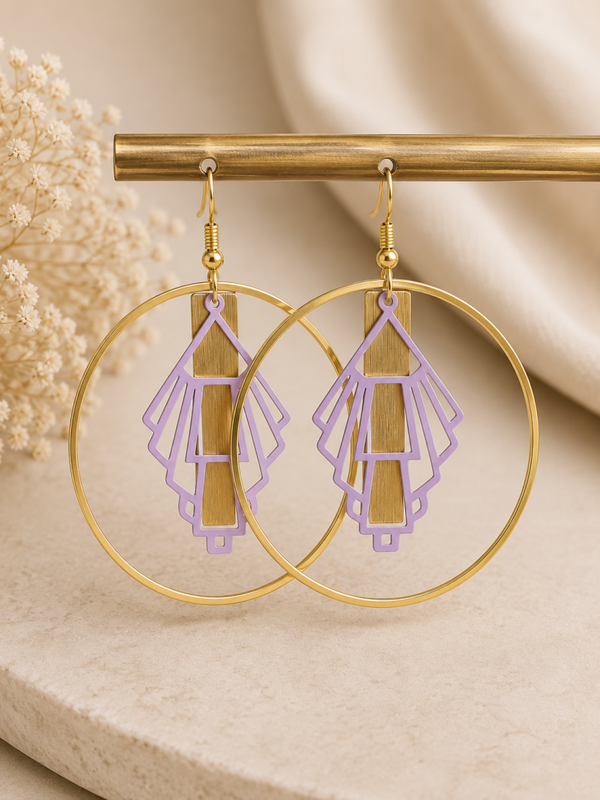 Handgemaakte Art Deco Oorbellen Lila & Goud | 6,5 cm
