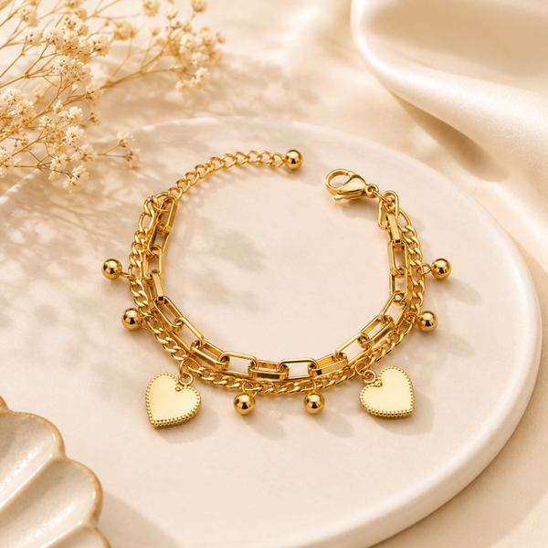 Golden Layered Heart Charm Bracelet – Stainless Steel Bracelet