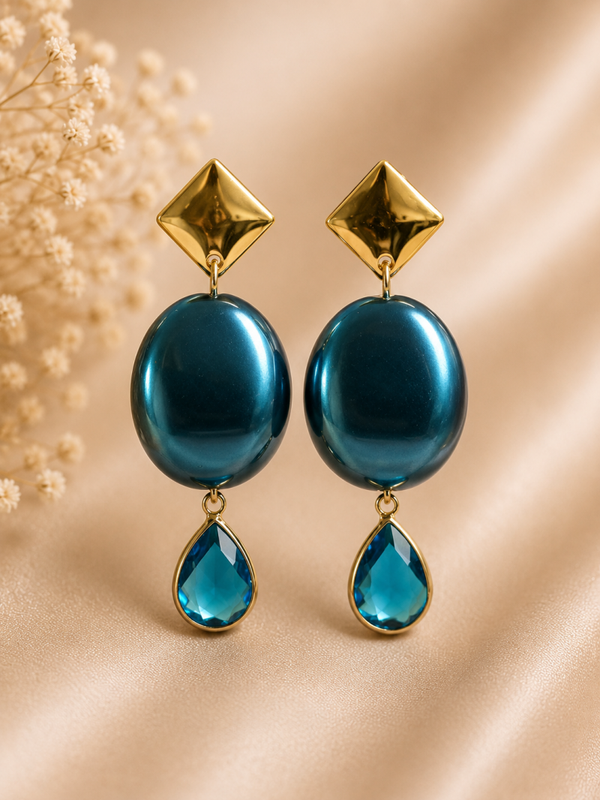 Handgemaakte Oorbellen Azure Élégance – Blauw & Goud | 6 cm