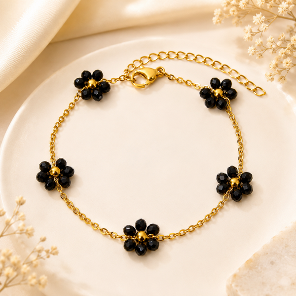 Golden Midnight Bloom Bracelet – Floral Stainless Steel Bracelet
