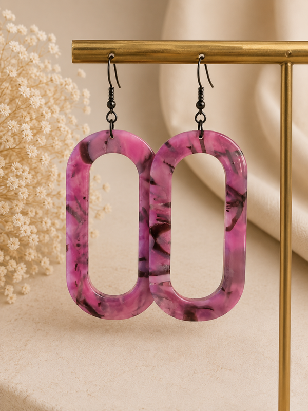 Handgemaakte Marmerlook Resin Oorbellen Roze-Paars | 8 cm