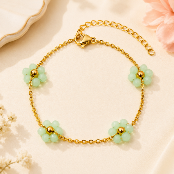 Golden Mint Bloom Bracelet – Floral Stainless Steel Bracelet