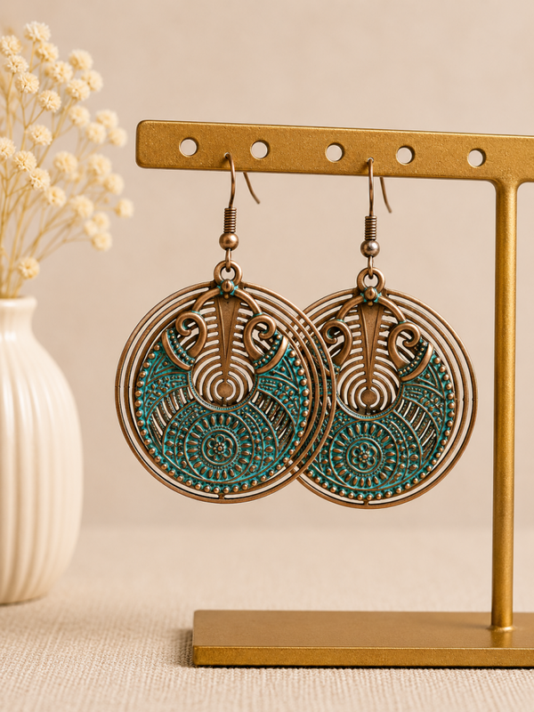 Bohemian Mandala Oorbellen Turquoise & Brons – Vintage Style – 5 cm