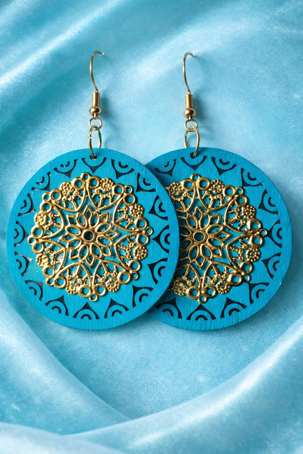 Houten Oorbellen Mandala Rond – Turquoise & Goud