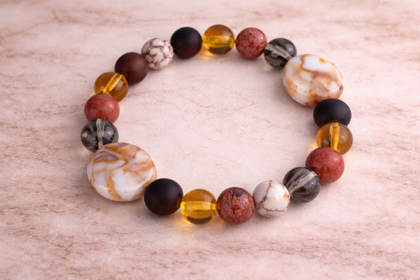 Armband “Earth Harmony” – Mix van Marmerlook, Goudsteen, Tijgeroog & Matte Jaspis
