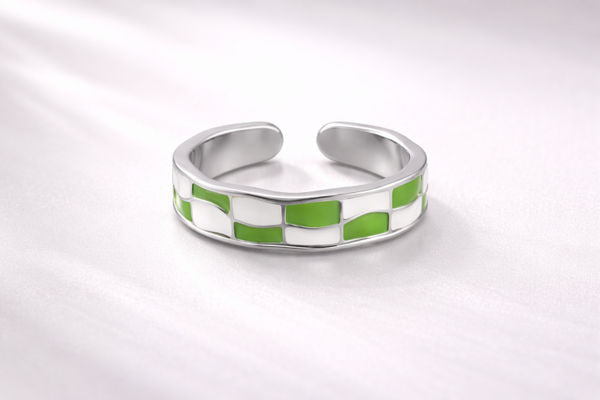 Viva Block Ring – Zilverkleurige Open Ring met Groene Details (RVS, Verstelbaar)