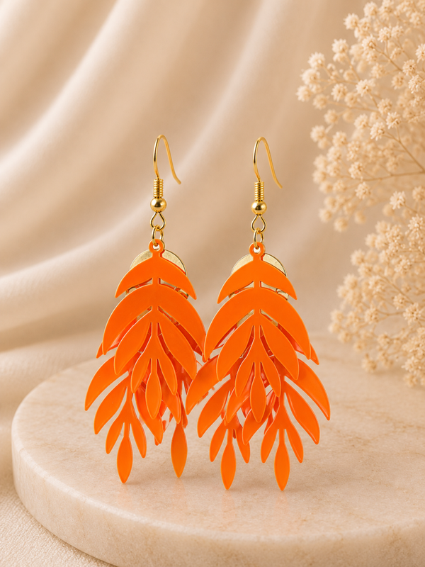 Neon Leaf Statement Oorbellen – Oranje & Goud