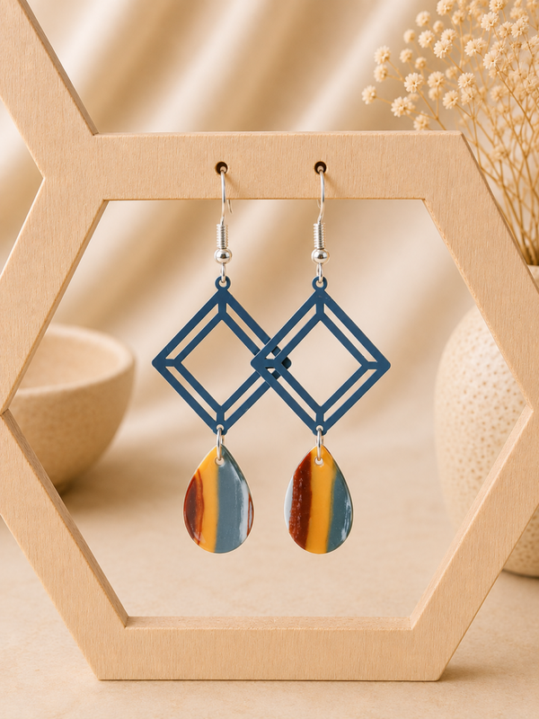 Autumn Geometry Oorbellen – Donkergrijs, Oker & Terracotta | 7 cm