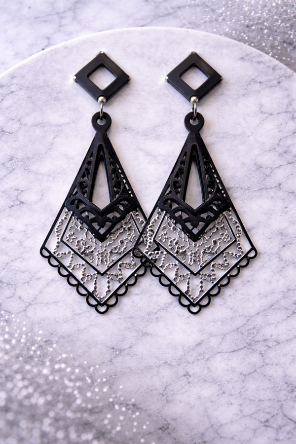 Black Geometric Lacework Statement Earrings – Filigree Layered Design
