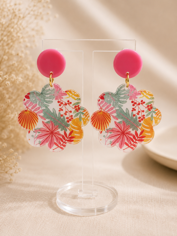 Tropische Bloemen Oorbellen Roze – 5 cm