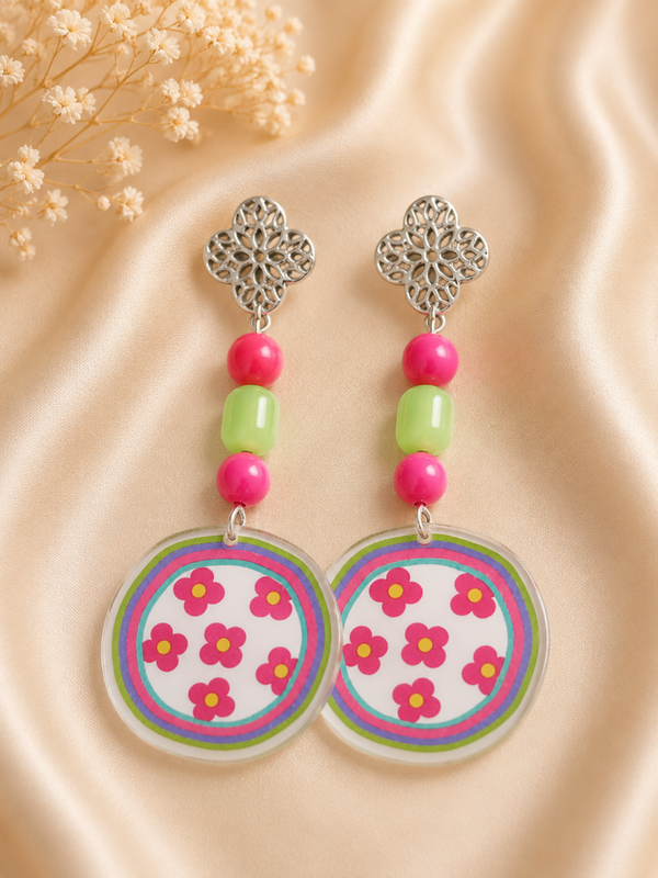 Handgemaakte Retro Flower Oorbellen – Kleurrijke Statement | 8 cm