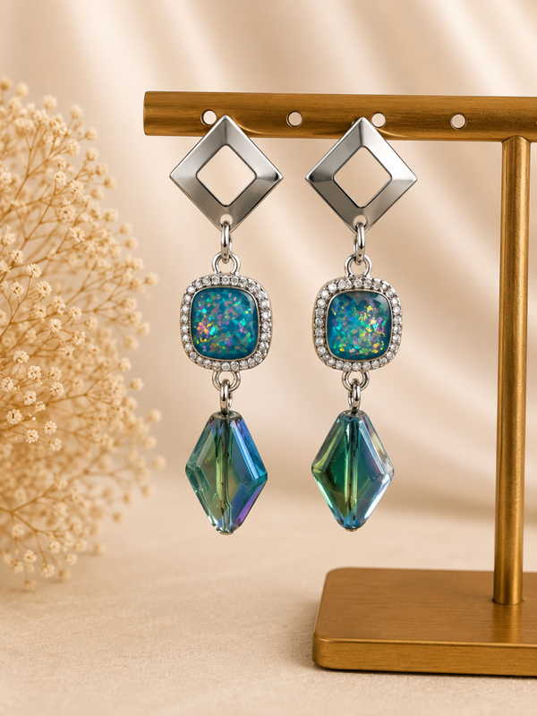 Aurora Sparkle Oorbellen – Blauwgroene Statement Oorbellen met Kristal | 5 cm