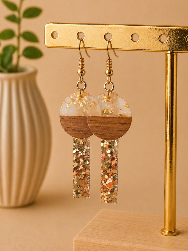 Statement Oorbellen Hout & Goud Glitter – 6,5 cm