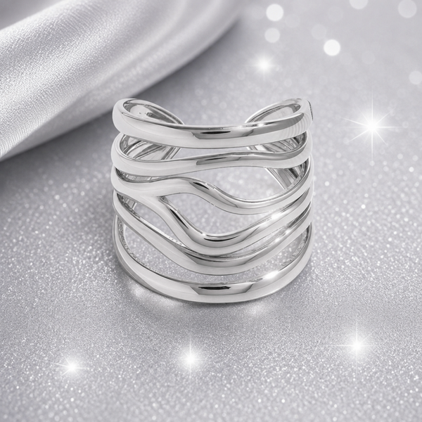 Silver Wave Open Ring Stainless Steel – Adjustable Glam Ring
