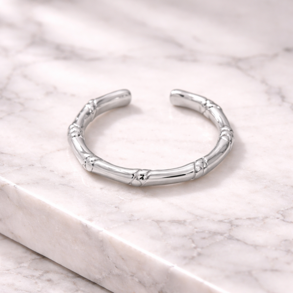 Silver Bamboo Open Ring – Organisch Design (RVS, Verstelbaar)