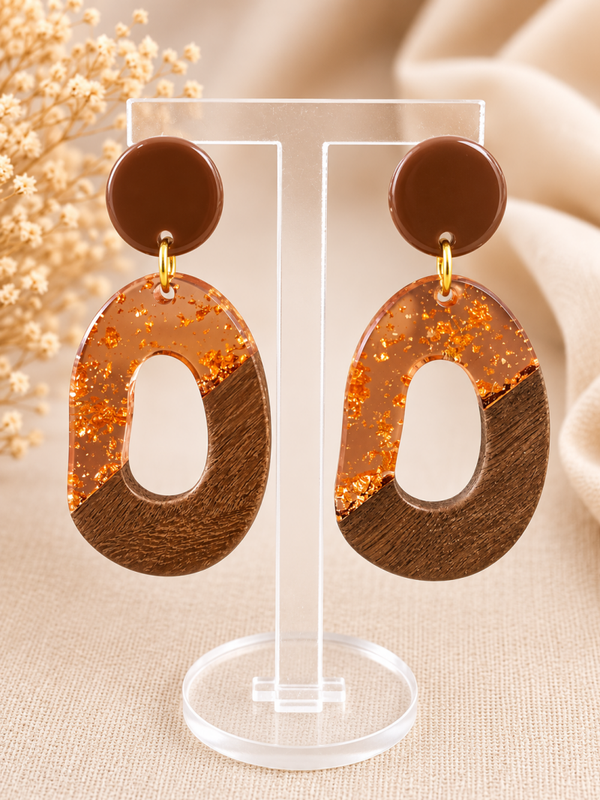 Wood & Resin Sparkle Oorbellen | Statement Oorbellen 5 cm