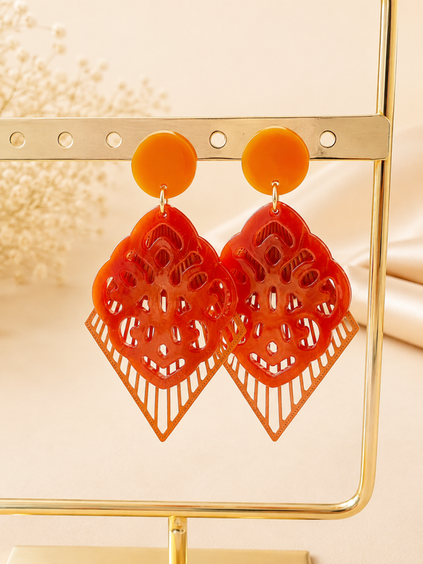 Amber Statement Oorbellen – Oranje & Bruin – 7 cm