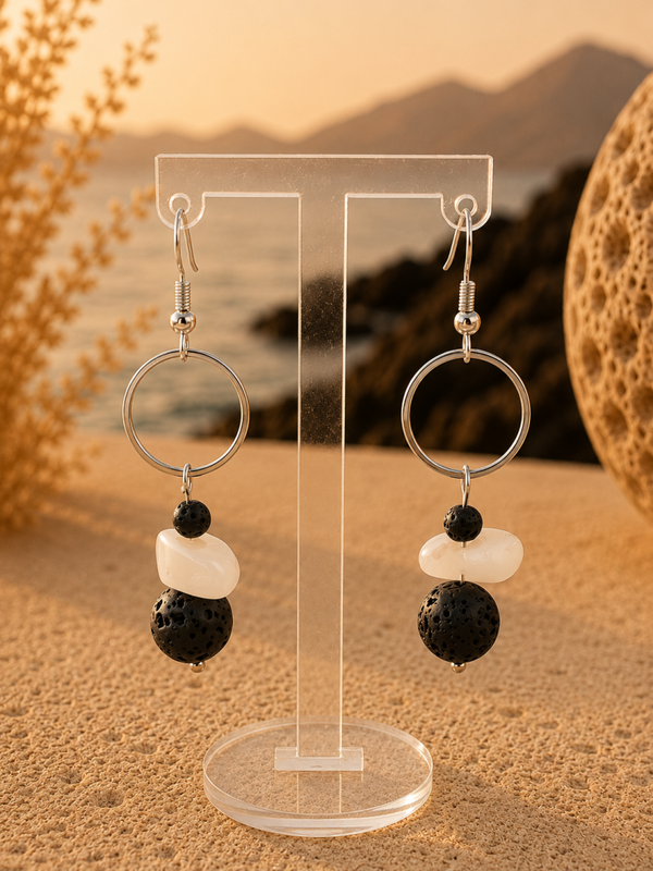 Lanzarote Luna – oorbellen met lavasteen & witte natuursteen