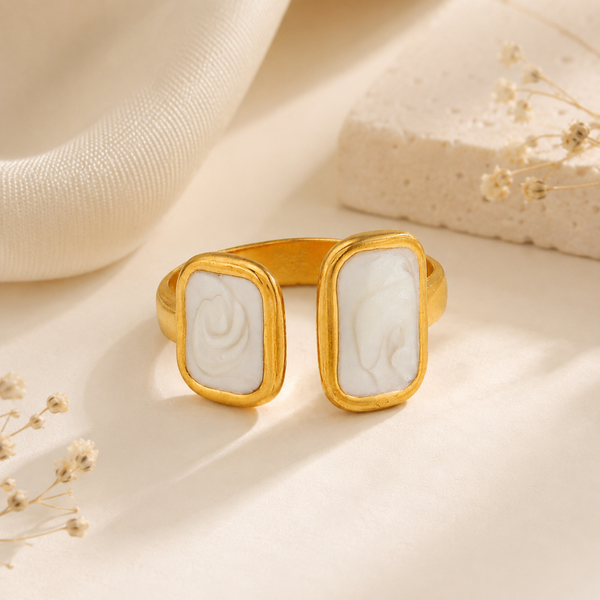 Luna Marble Open Ring – Goud & Parelwit