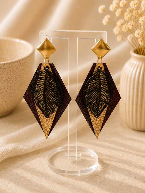 Bordeaux & Goud Blad Oorbellen – Statement Oorbellen 7 cm
