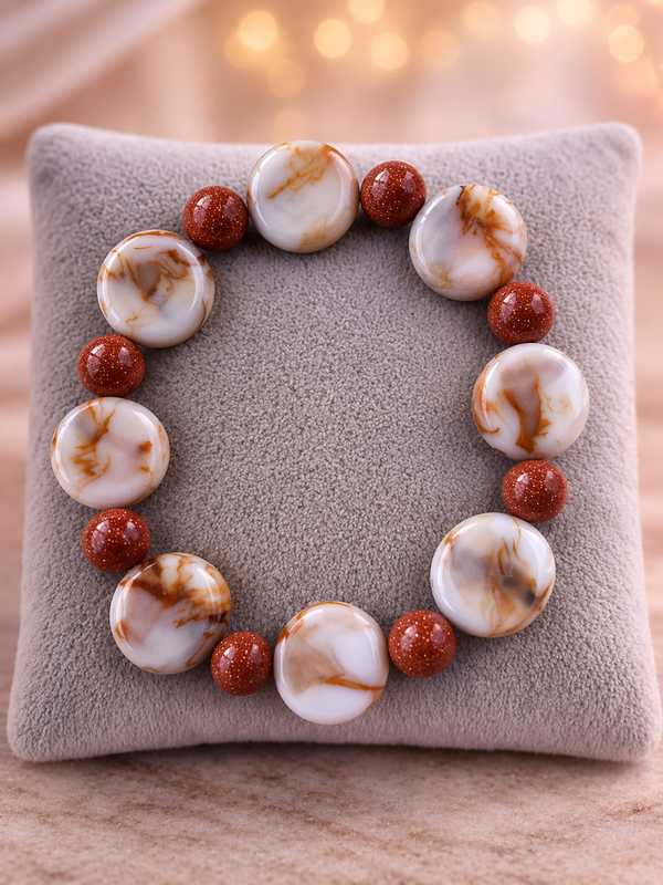 Armband met Wit-Marmer Look & Goudsteen – Handgemaakte Elastische Kralenarmband