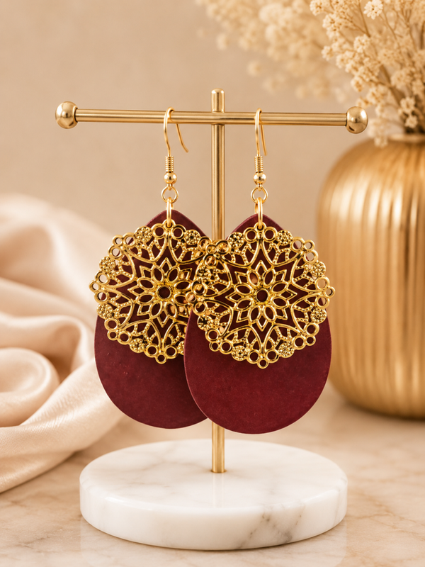 Veloura Royale Oorbellen – Bordeaux Gold 8cm